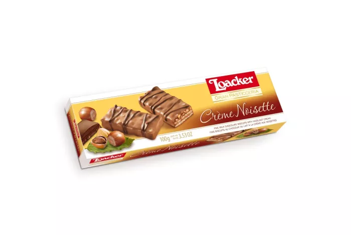 Loacker Lieskovcové Oblátky Posypané Lieskovcami a Poliate Mliečnou Čokoládou 100g